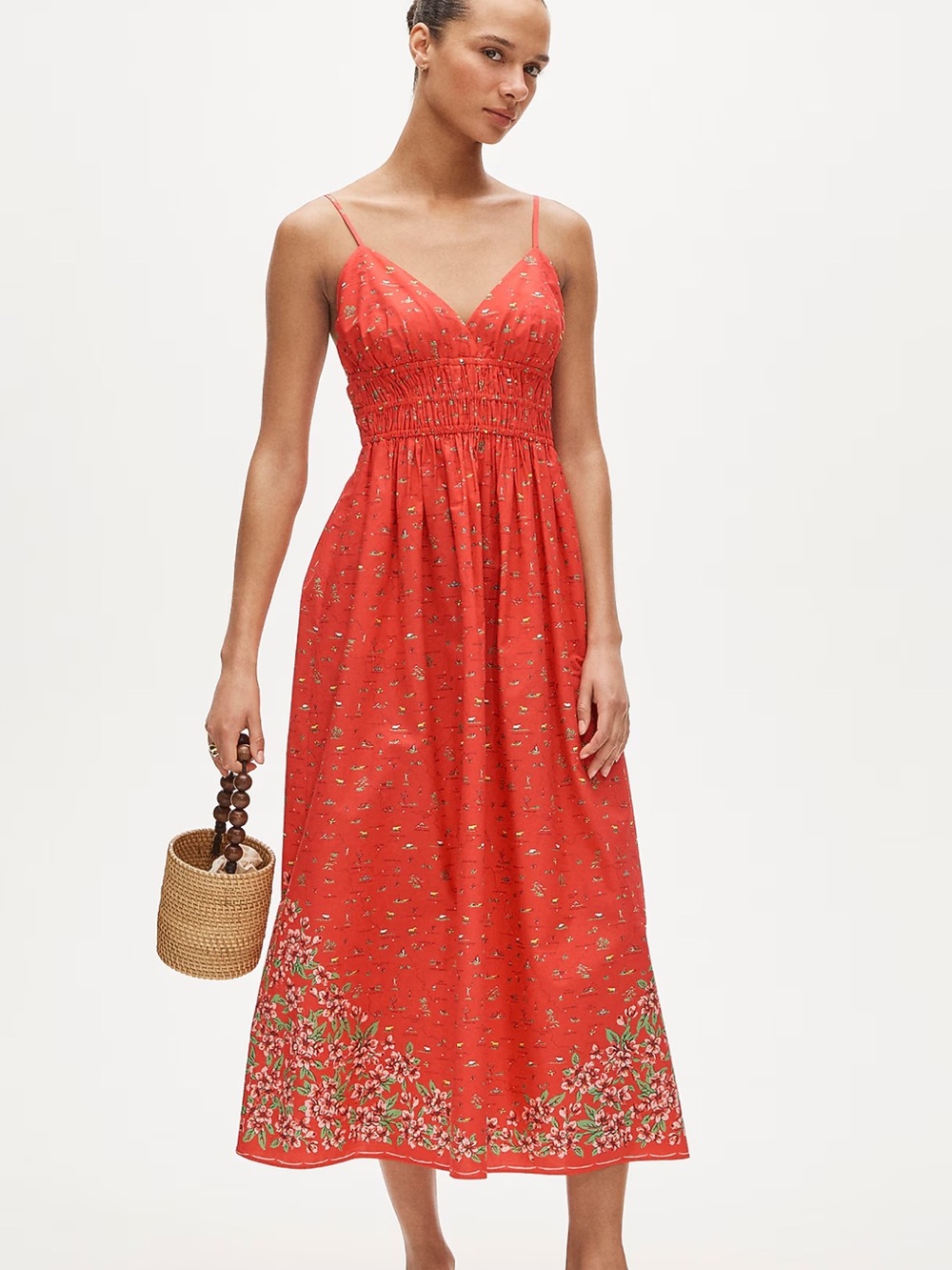 J. Crew Coral Red Floral Border Maxi Dress
